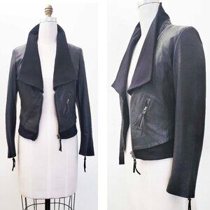 Muubaa Womens Black Fitted Biker Moto Jacket with Jersey Collar and Waist 8